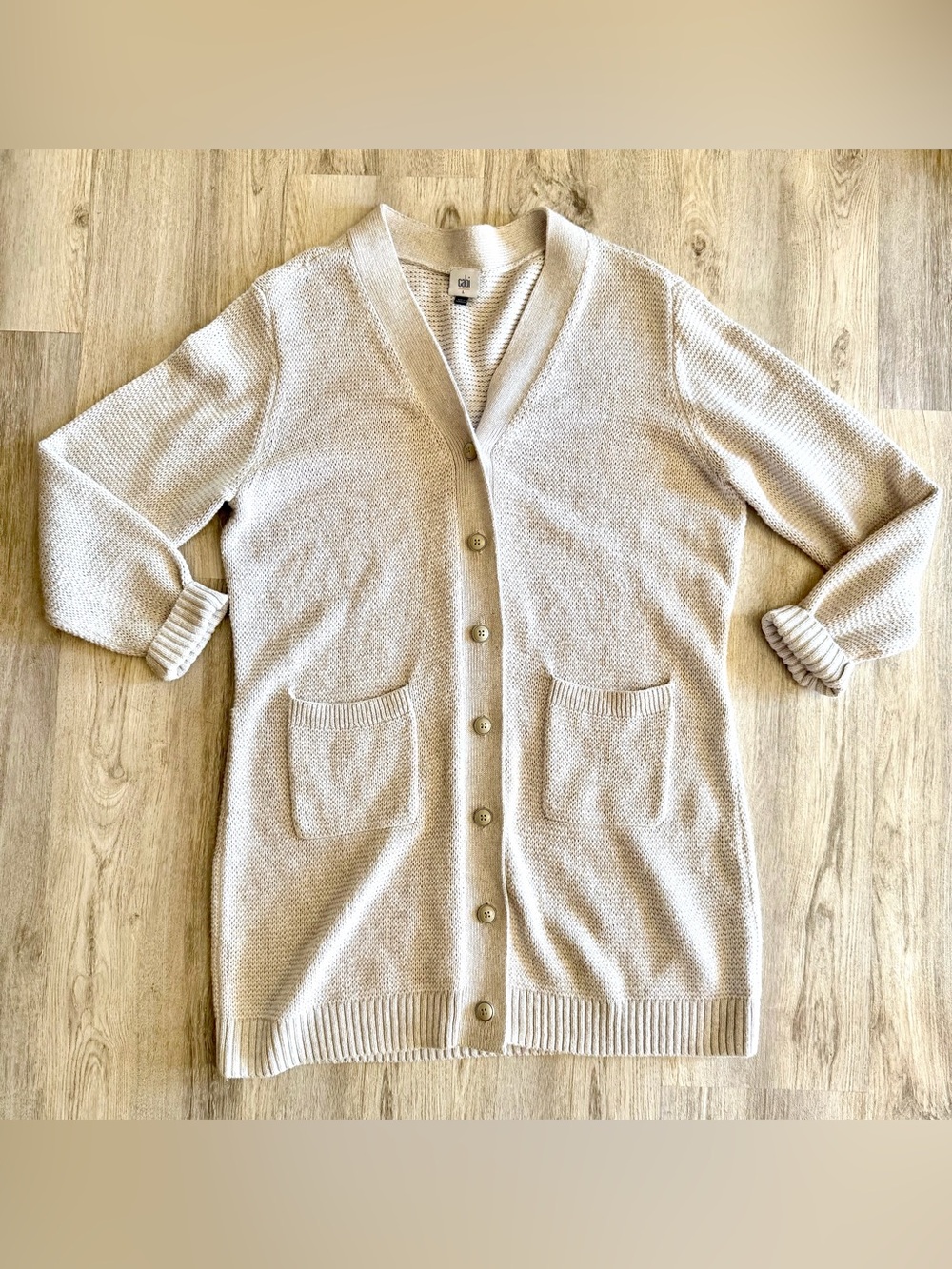 cabi Book Club Cardigan Oatmeal Beige Longline Cozy Knit Sweater w/ Pockets L